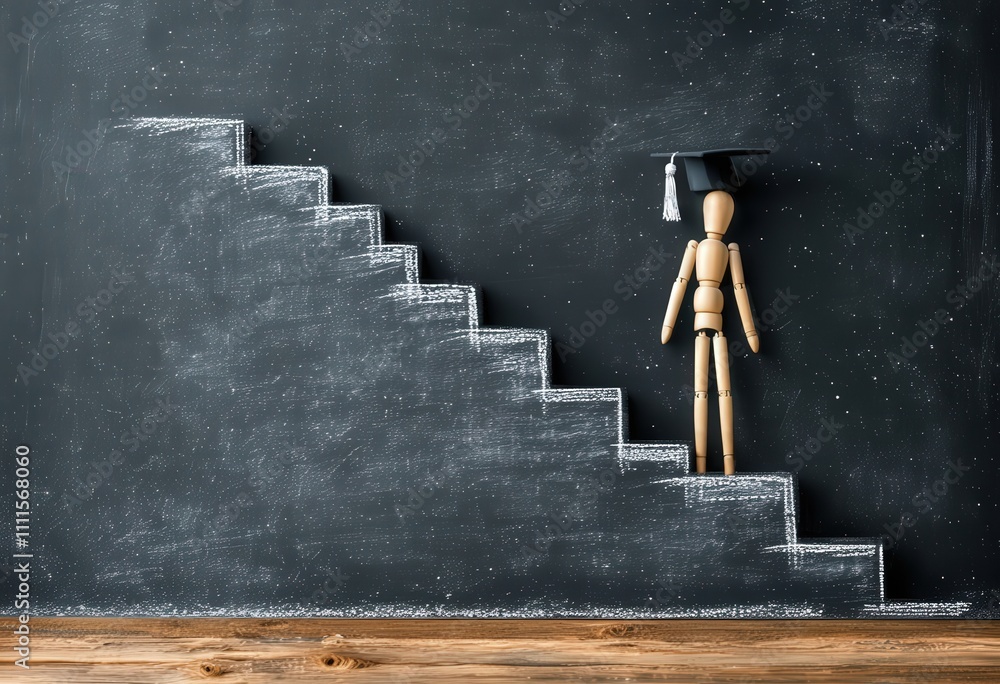 Wooden Figure Ascending Chalk Staircase Graduation. Wooden Figure Ascending Chalk Staircase Graduation.