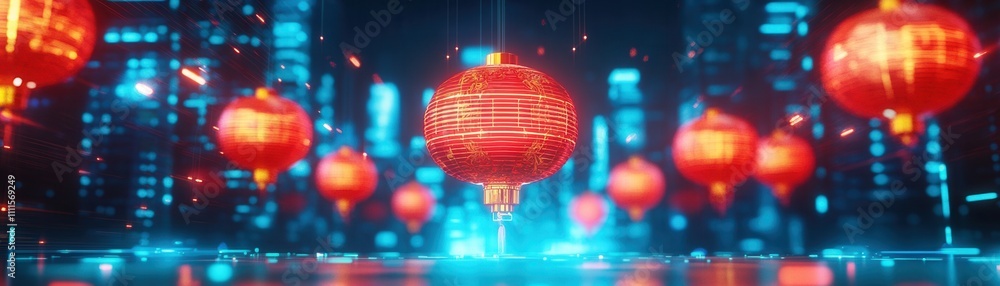 A vibrant, futuristic scene featuring glowing red lanterns against a backdrop of illuminated skyscrapers and digital elements. A vibrant, futuristic scene featuring glowing red lanterns against a backdrop of illuminated skyscrapers and digital elements.