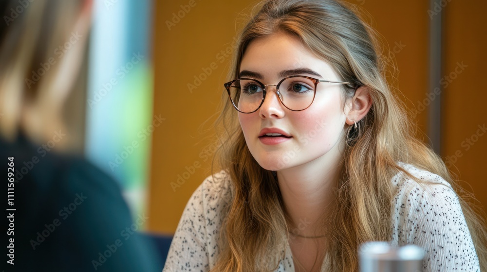 Young woman participating in ethical AI events discussing technology future Young woman participating in ethical AI events discussing technology future