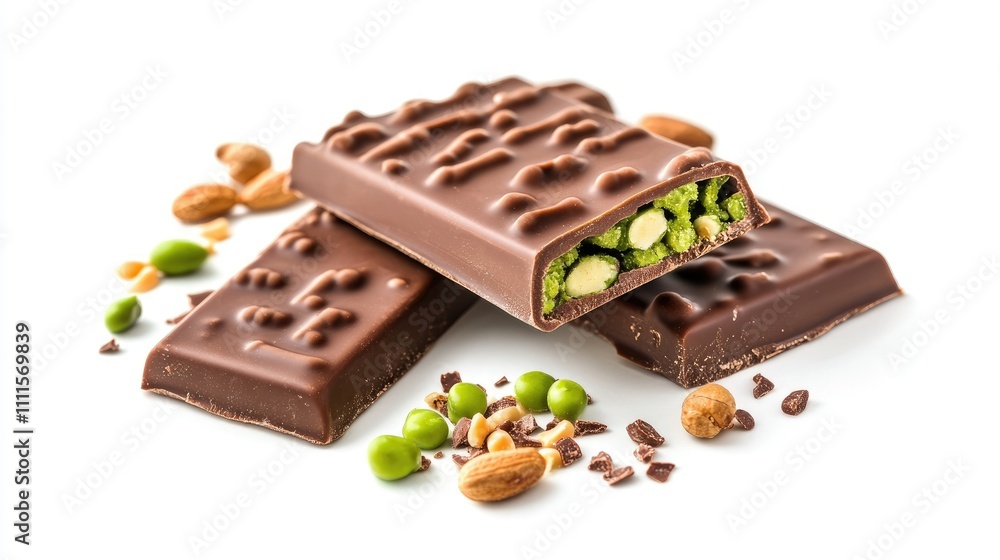 Three chocolate bars with a nutty, green filling and scattered nuts. Three chocolate bars with a nutty, green filling and scattered nuts.