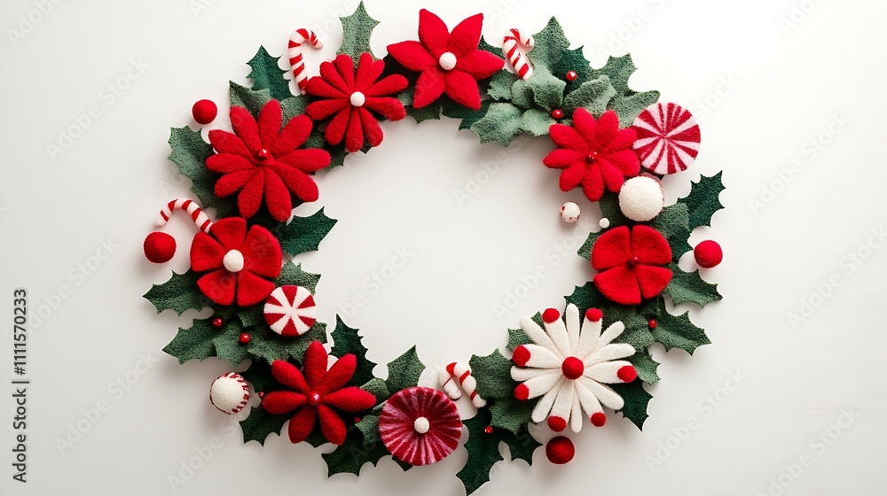 A cheerful felt wreath composed of red and green festive shapes like snowflakes, holly leaves, and candy canes, arranged symmetrically on a light neutral backdrop. A cheerful felt wreath composed of red and green festive shapes like snowflakes, holly leaves, and candy canes, arranged symmetrically on a light neutral backdrop.