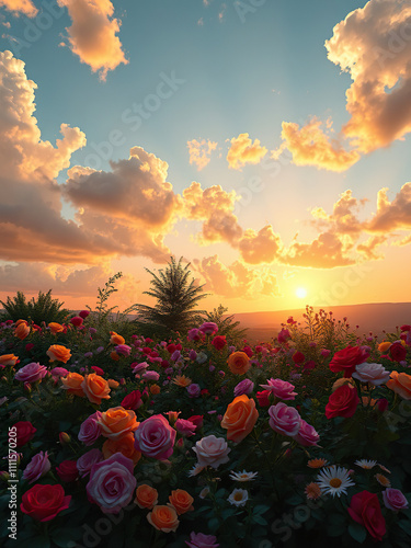 colorful sky with roses and flowers in a garden,  botanical,  sky,  garden scene,  roses,  colorful