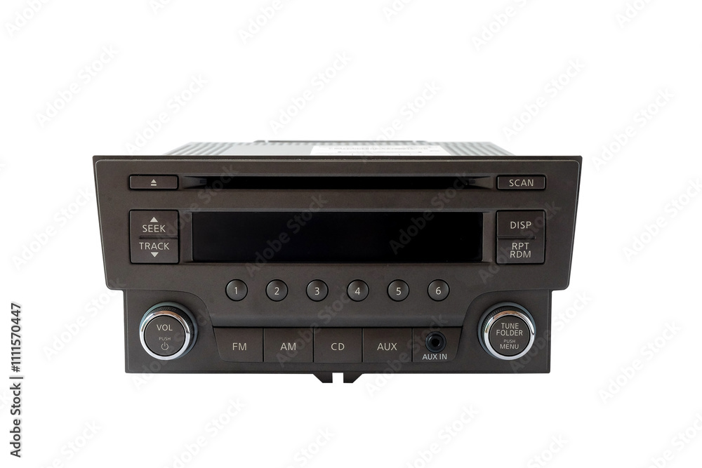 Front view of a black automobile radio with screen on white background . Front view of a black automobile radio with screen on white background .