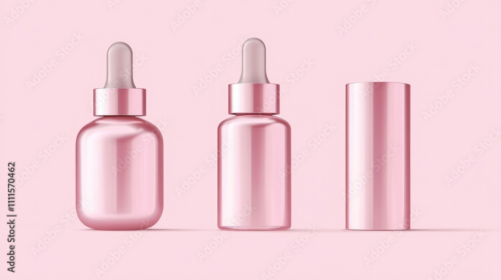 Three pink cosmetic bottles with droppers on a pastel background. Three pink cosmetic bottles with droppers on a pastel background.