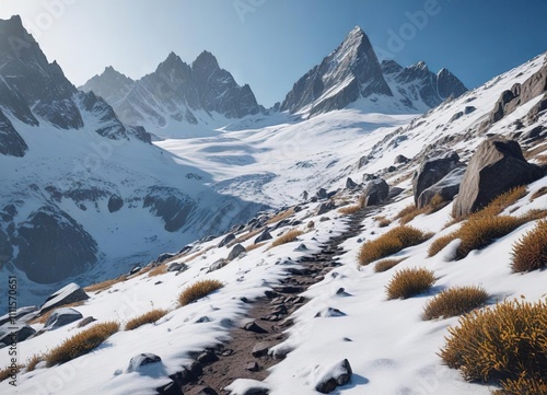 A rugged mountain trail winds its way up the side of Gunsight Mountain covered in snow and ice, Gunsight Mountain, challenging terrain, snow