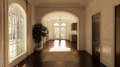 Sunlit hallway with arched doorways  hardwood floors  and large window.