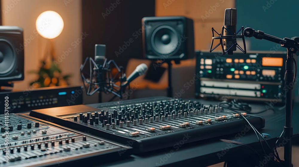 Professional recording setup featuring multiple microphones, audio mixer, and studio monitors in a modern sound environment with warm lighting. Professional recording setup featuring multiple microphones, audio mixer, and studio monitors in a modern sound environment with warm lighting.