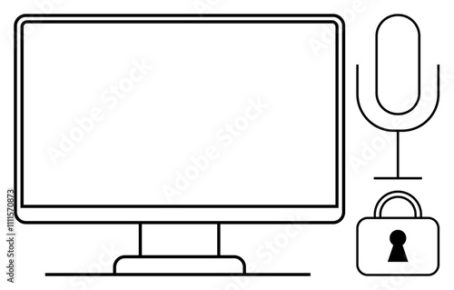 Computer monitor, microphone, and padlock illustration. Ideal for cybersecurity, secure communication, online privacy, data protection, podcasting broadcasting and IT security themes. Line metaphor