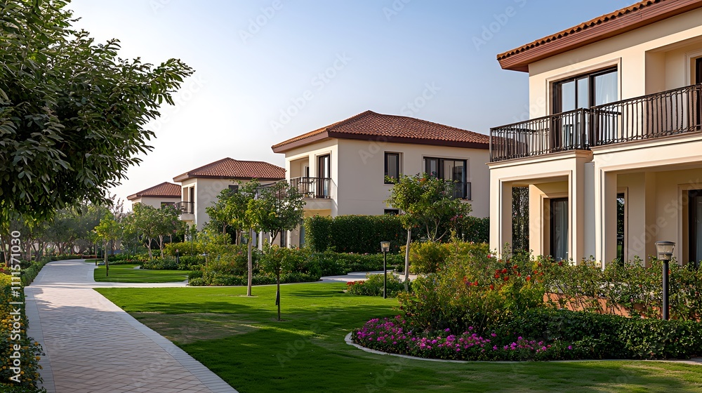 Serene Exterior View of Luxurious Resort Villas Surrounded by Expansive Gardens and Lush Greenery in a Tranquil Setting Serene Exterior View of Luxurious Resort Villas Surrounded by Expansive Gardens and Lush Greenery in a Tranquil Setting