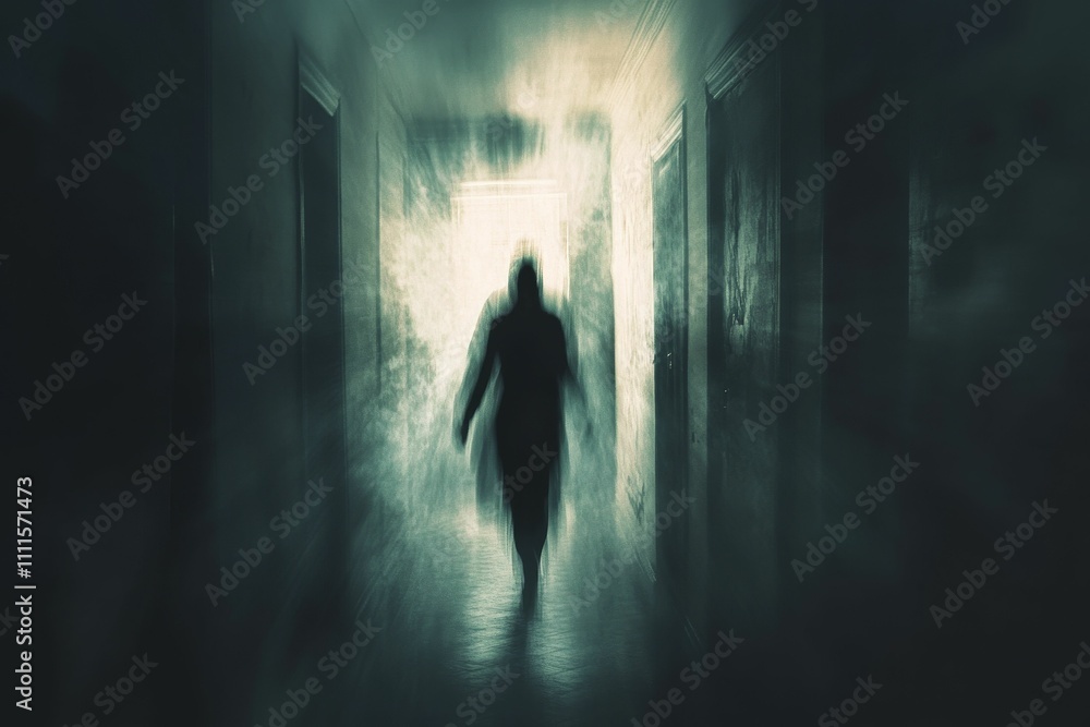 Blurry figure walks down dark hallway, light ahead. Blurry figure walks down dark hallway, light ahead.