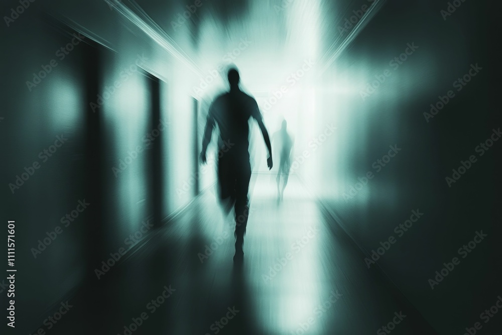 Blurred figures running hallway, bright light ahead. Blurred figures running hallway, bright light ahead.