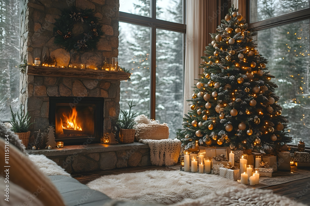 A cozy living room scene with a roaring fireplace and a beautifully decorated Christmas tree