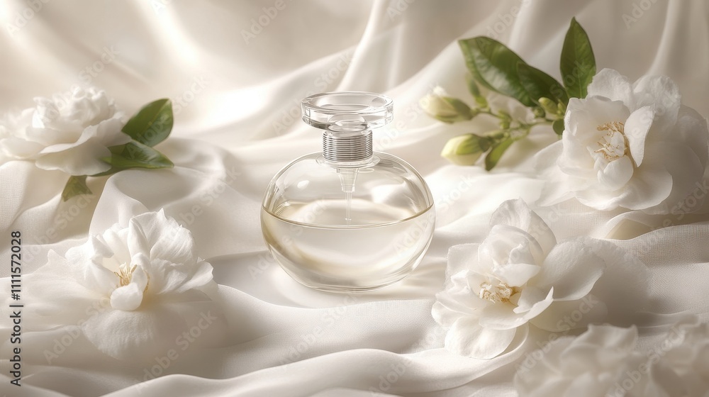 Elegant Perfume Bottle Surrounded by White Flowers Elegant Perfume Bottle Surrounded by White Flowers