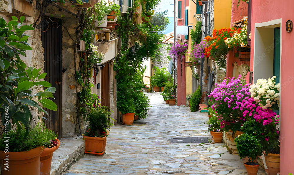 a narrow street with flowers and a sign that says potted plants. Generative AI a narrow street with flowers and a sign that says potted plants. Generative AI