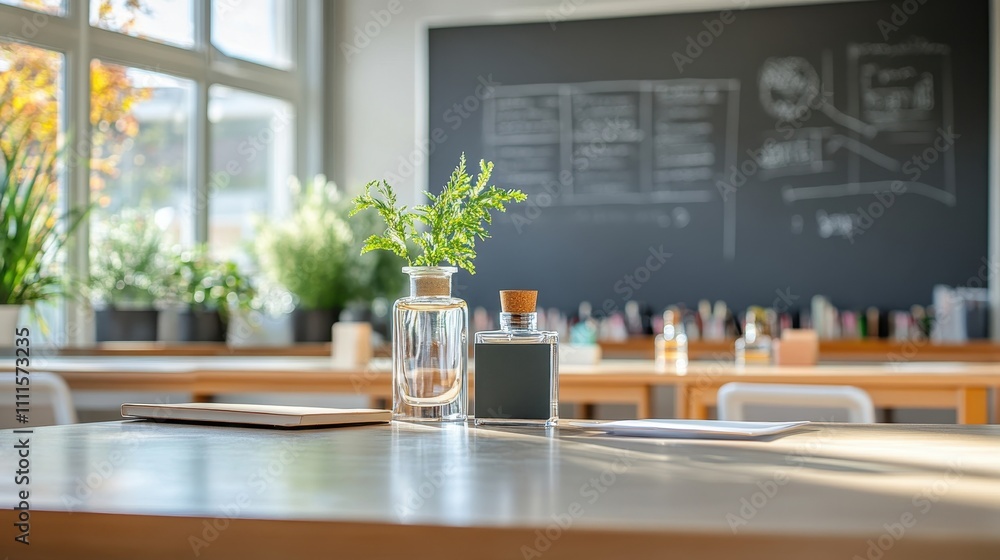 Modern Office Workspace with Greenery and Chalkboard Modern Office Workspace with Greenery and Chalkboard