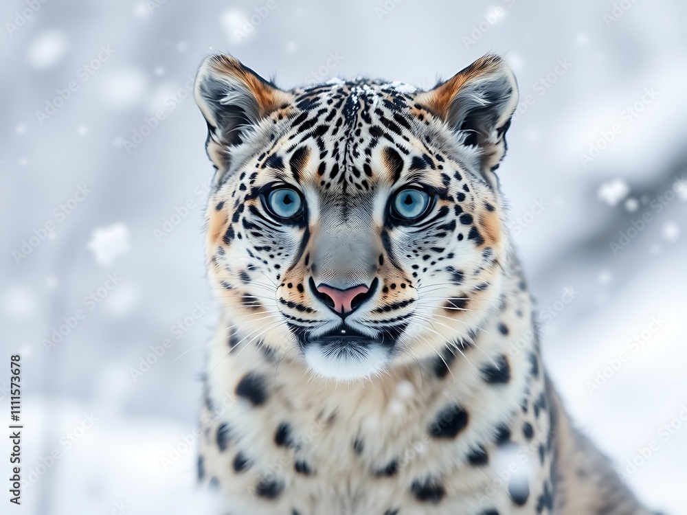 Snow Leopard Gazing Through a Wintery Blizzard. AI Generated Snow Leopard Gazing Through a Wintery Blizzard. AI Generated