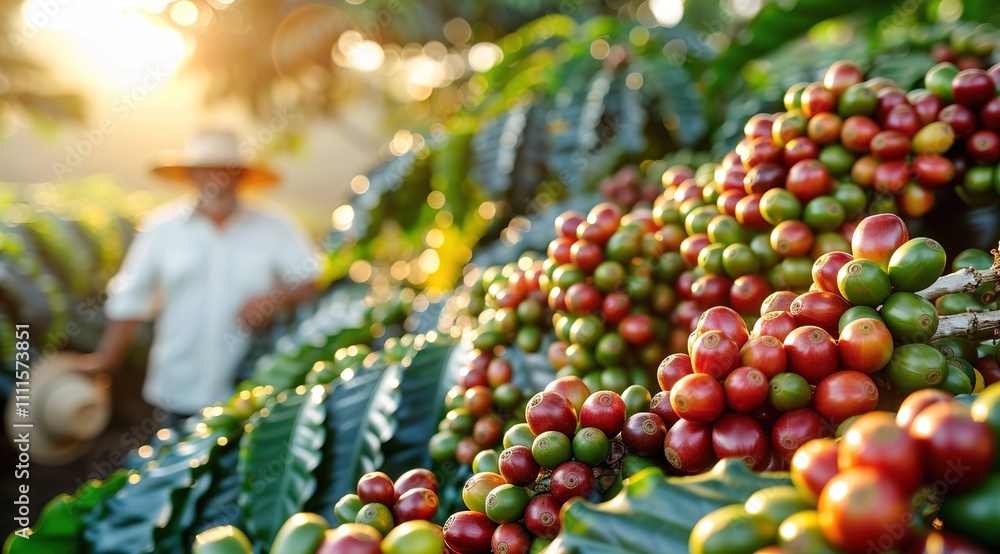 man with hat walking through a coffee field at sunrise man with hat walking through a coffee field at sunrise