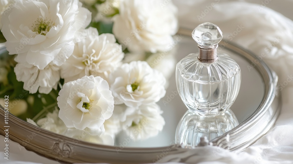 Elegant Perfume Bottle with White Flowers Arrangement Elegant Perfume Bottle with White Flowers Arrangement