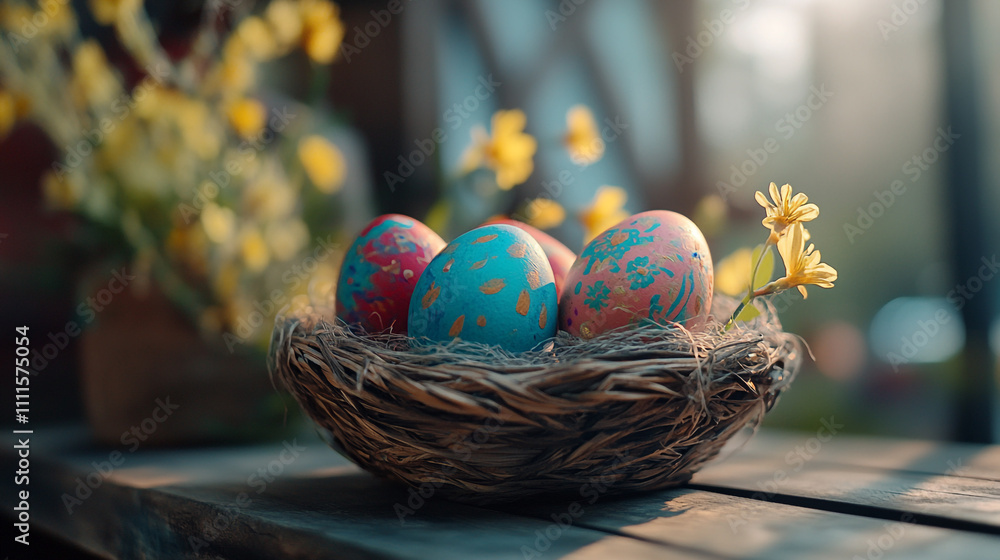 Colorful Easter eggs arranged in a nest with fresh flowers on a wooden table Colorful Easter eggs arranged in a nest with fresh flowers on a wooden table