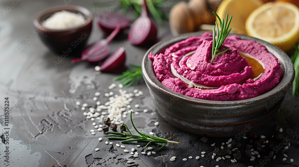 Vibrant Beetroot Hummus with Rosemary Garnish Vibrant Beetroot Hummus with Rosemary Garnish