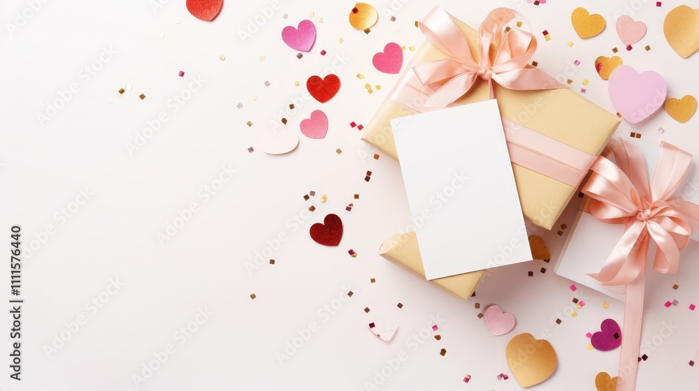 Romantic gift boxes with pink ribbons and scattered heart-shaped confetti on a light background for celebrations and special occasions Romantic gift boxes with pink ribbons and scattered heart-shaped confetti on a light background for celebrations and special occasions