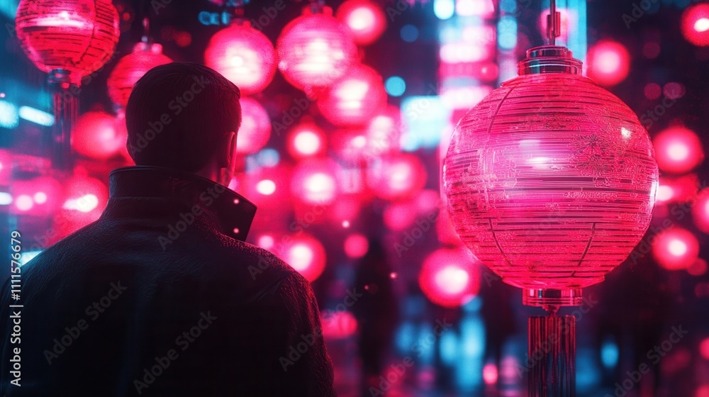 Obraz premium A silhouette stands before glowing red lanterns in a vibrant, neon-lit scene, creating a captivating atmosphere filled with mystery and energy.