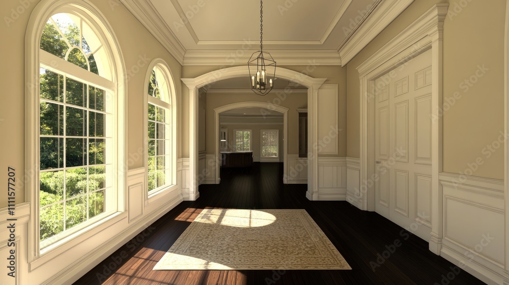 Sunlit entryway with arched windows, hardwood floors, and elegant molding. Sunlit entryway with arched windows, hardwood floors, and elegant molding.