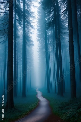 Mystical forest in blue color at evening