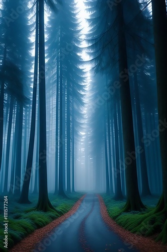 Mystical forest in blue color at evening