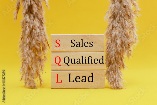 SQL - Sales Qualified Lead. Wooden cubes with words SQL. Beautiful yellow background. Business and SQL concept. Copy space.