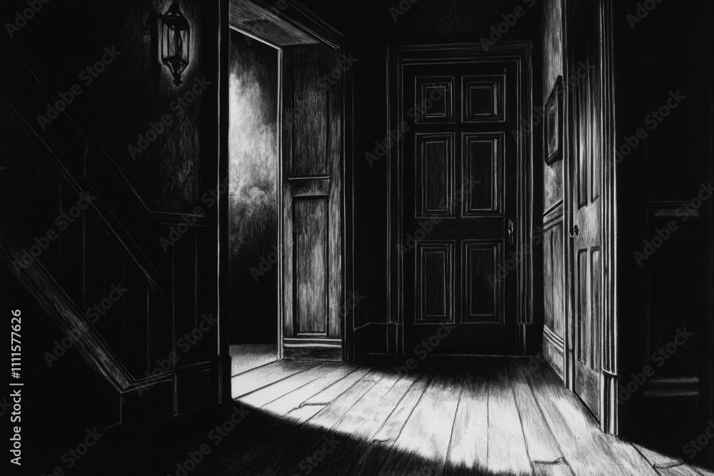Dark hallway, closed door, light, wood floor, stairs. Dark hallway, closed door, light, wood floor, stairs.