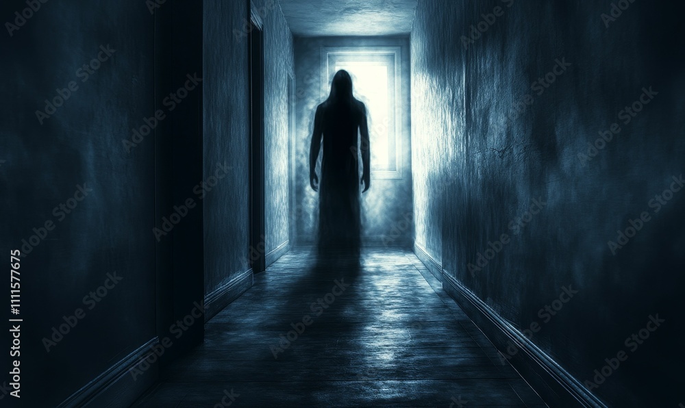 Dark hallway, shadowy figure, light at end. Dark hallway, shadowy figure, light at end.