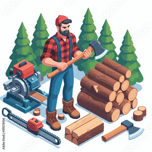 Isometric lumberjack male character holding an axe and wood log. Woodcutter saws tree with chainsaw on sawmill. Firewood processing on a white background