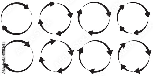 Circle Arrow icon set vector illustration, refresh, reload, Set of circle arrows rotating, different circular arrows of black color isolated, recycle sign, Arrow clock wise rotating symbol, arrow sign