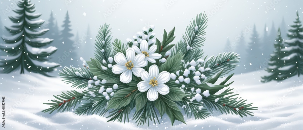 Digital art of a winter bouquet with snow-covered flowers and evergreen branches, set against a snowy landscape Digital art of a winter bouquet with snow-covered flowers and evergreen branches, set against a snowy landscape