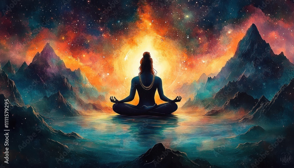 Meditation of Lord Shiva in Cosmic Landscape at Night Meditation of Lord Shiva in Cosmic Landscape at Night