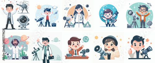 Vector Set of an Astronomer in a Simple Flat Design Style