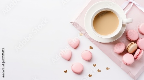 Delicious pink macarons arranged beautifully with a cozy cup of coffee and heart-shaped decorations on a light background