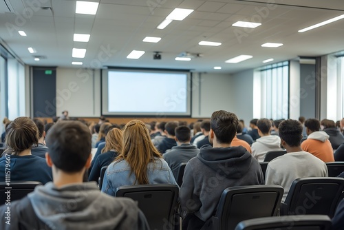 Large Lecture Hall Audience Viewing Presentation on Projector Screen