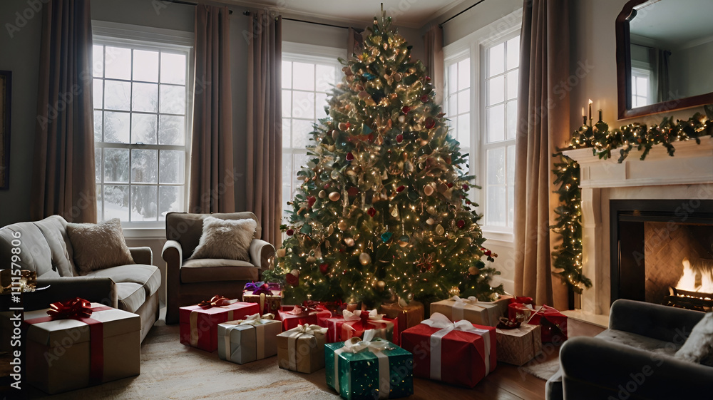 A magnificent Christmas tree glowing with vibrant lights, standing tall amidst a pile of beautifully wrapped presents, creating a festive and magical holiday atmosphere. A magnificent Christmas tree glowing with vibrant lights, standing tall amidst a pile of beautifully wrapped presents, creating a festive and magical holiday atmosphere.
