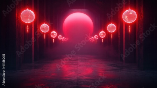A surreal corridor illuminated by glowing red lanterns  leading to a large  vibrant red sun in a misty atmosphere.
