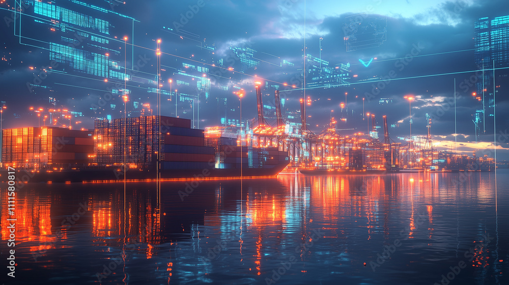 A futuristic city skyline with a large shipping port and cargo containers, neon blue and orange lighting reflecting on the water, a digital map overlay showing international trade routes A futuristic city skyline with a large shipping port and cargo containers, neon blue and orange lighting reflecting on the water, a digital map overlay showing international trade routes