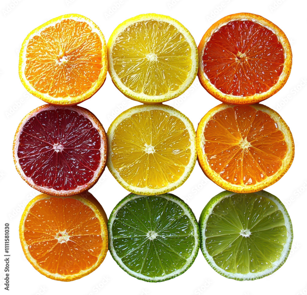 Obraz premium Citrus Fruit Slices Oranges Lemons Limes Grapefruits Food Background