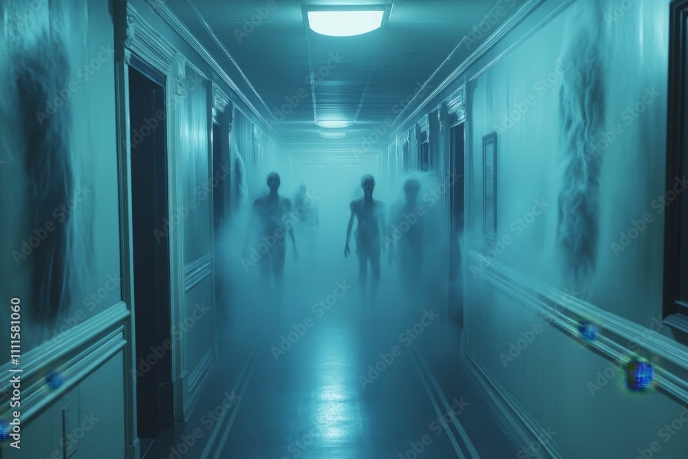 Foggy hallway; shadowy figures walking. Foggy hallway; shadowy figures walking.