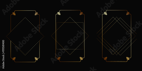 Art deco golden frames. Luxury minimalistic border set with gold geometry shapes. Elegant thin lines decoration with dots and corners on dark background. Vector illustration. Copy space.
