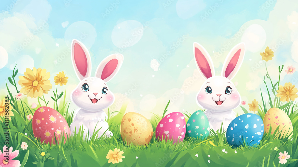 Obraz premium Cute rabbits with colorful eggs in a vibrant spring meadow under bright sky