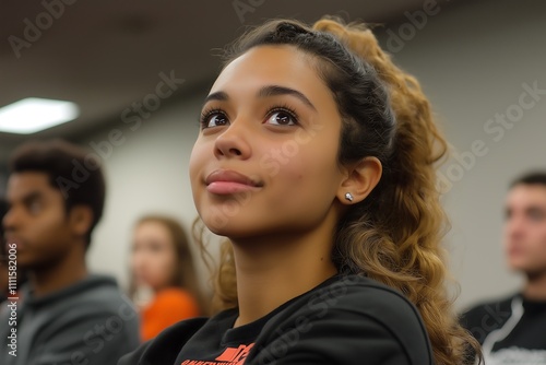 Thoughtful Young Woman in a Classroom Setting, Looking Upwards, Pensive Expression