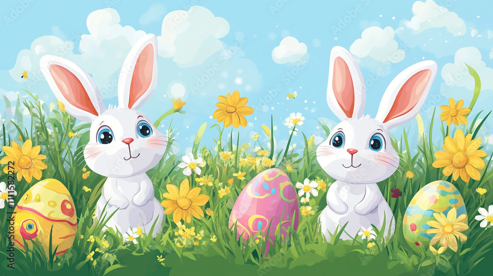 Cute bunnies with colorful eggs surrounded by flowers in a vibrant spring meadow Cute bunnies with colorful eggs surrounded by flowers in a vibrant spring meadow