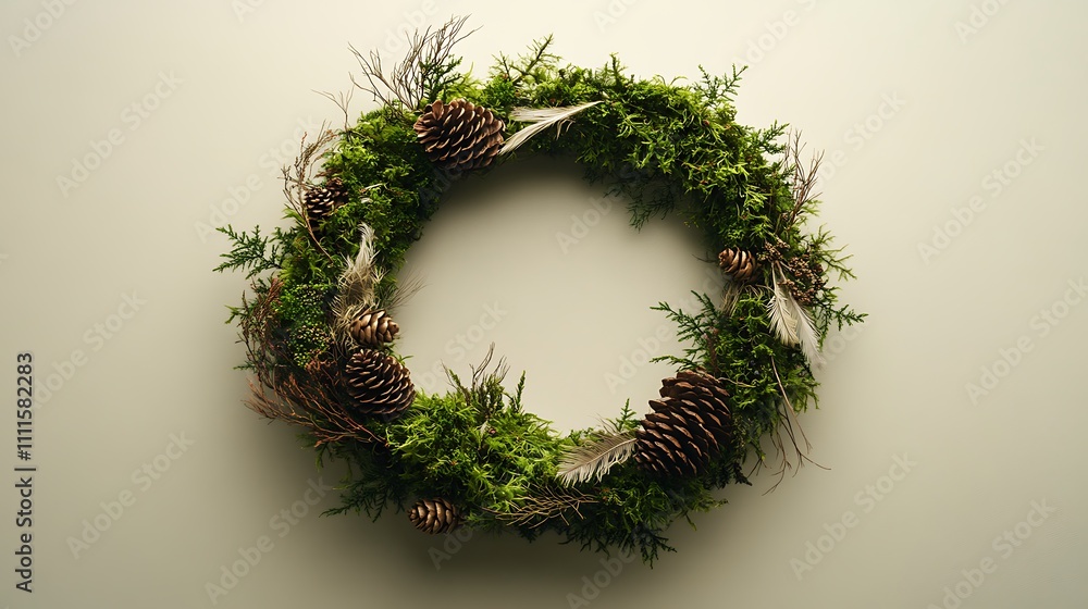 A nature-inspired wreath crafted with lush green moss, delicate feathers, and small pinecones, placed on a clean, light beige background. A nature-inspired wreath crafted with lush green moss, delicate feathers, and small pinecones, placed on a clean, light beige background.