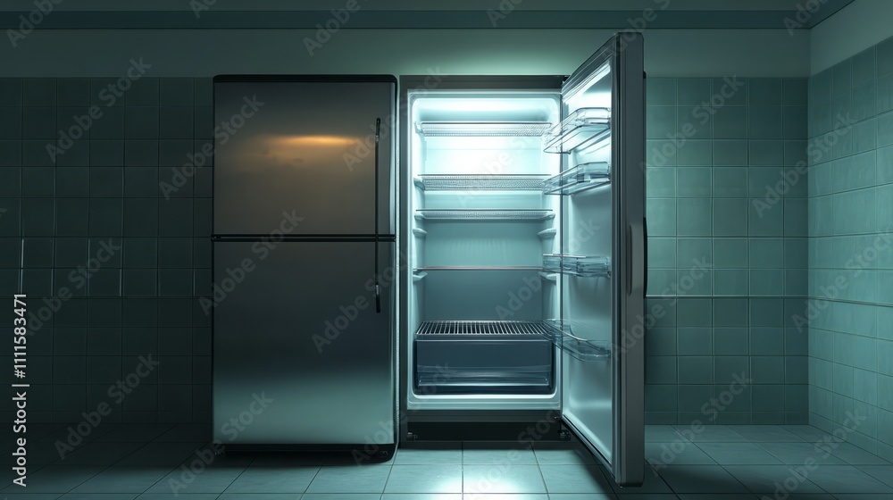 Open Fridge in a Dim Room with Bright Interior Light and Empty Shelves
Open Fridge in a Dim Room with Bright Interior Light and Empty Shelves